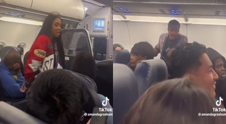 Old man tells off drunk woman on airplane holding up flight