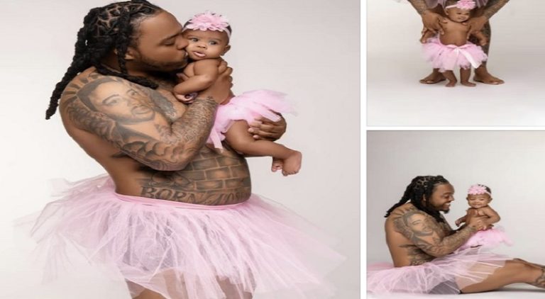 Man wears pink skirt in paternity shoot with his baby daughter