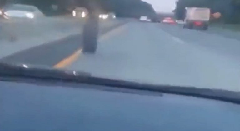 Tire comes off big truck and rolls into oncoming traffic on freeway