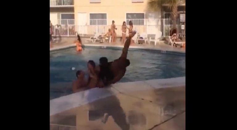 Kid slips trying to jump into pool and falls into couple