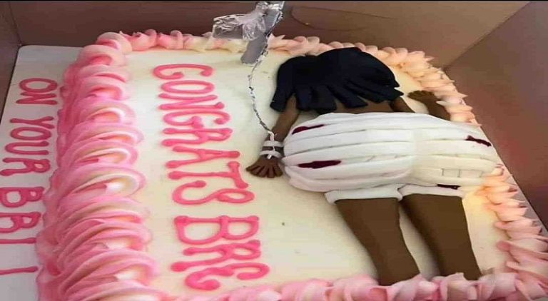 Woman has a party with a cake celebrating her BBL