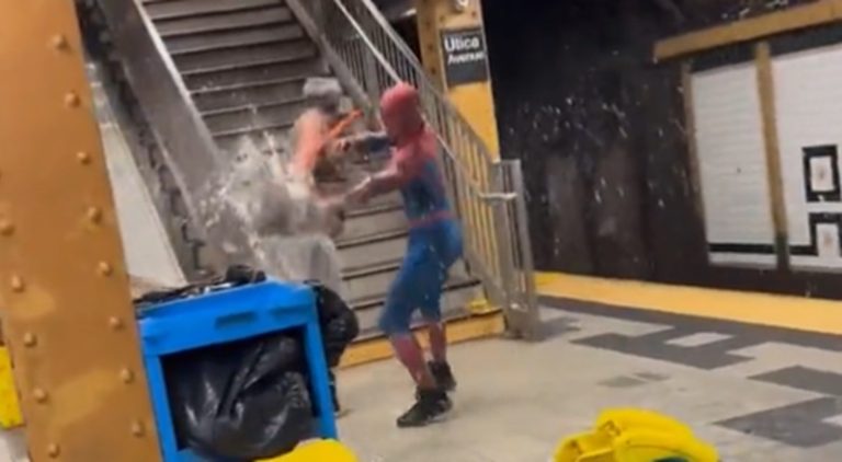 Man dressed as Spiderman attacks guy for stealing coffee