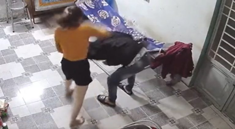 Wife beats her husband as soon as he comes home from work