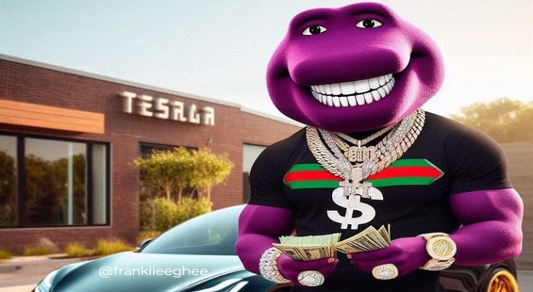 Muscular version of Barney with cash trends on Facebook