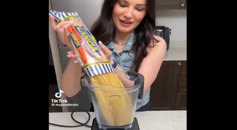Woman trends after using a blender to make pasta