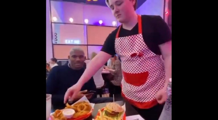 Rude waitress slams customers food on table and eats onion ring