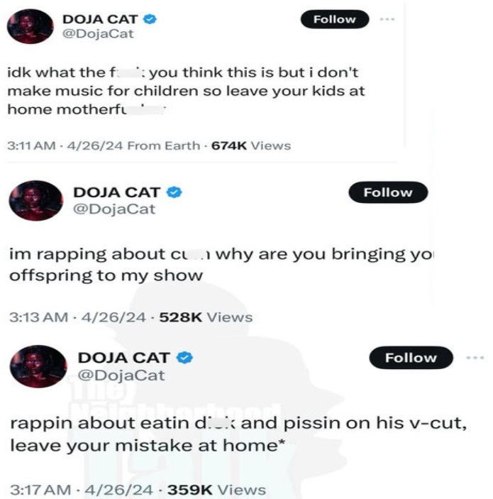 Doja Cat tells fans to leave their kids home and calls them mistakes